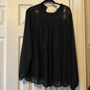 Plus size sheer black long sleeve with lace detailing top